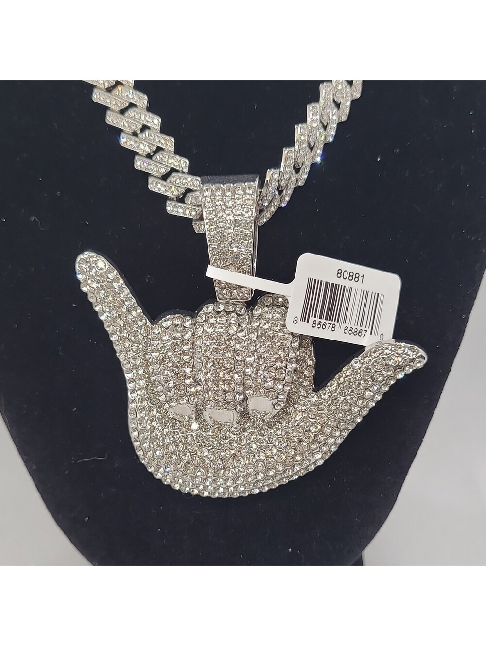InvictaSilver Cuban Link Necklace Cubic Zirconia Hand Pendant Pavé Hip Hop Style